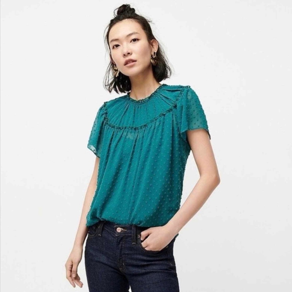 J. Crew Gathered Bib Top Swiss Dot Dark Green Sz L